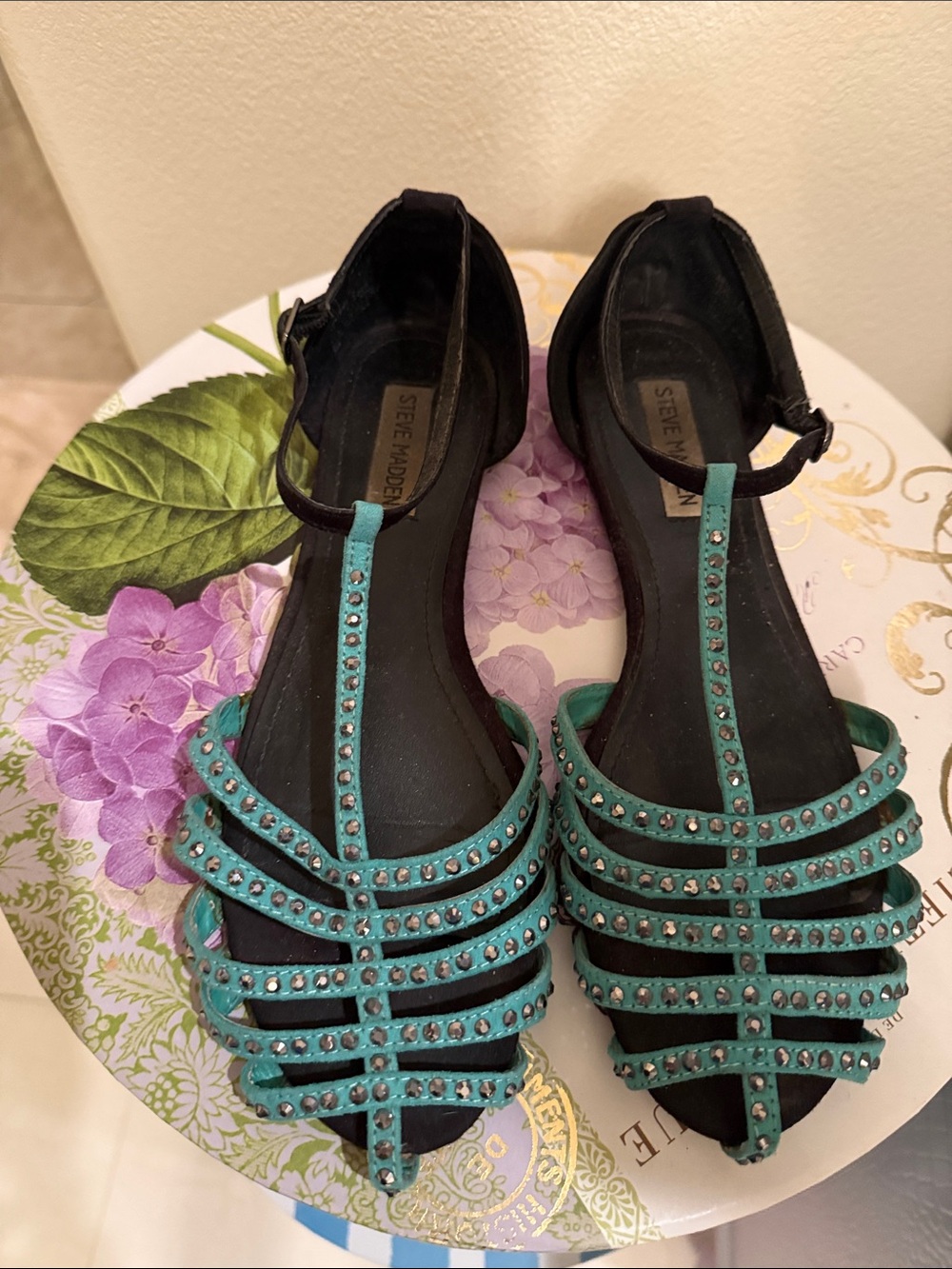 Steve Madden Teal Studded T-Strap Flat Sandals